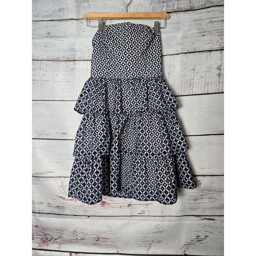 White House Black Market Womens Dress 0 Navy White Strapless Tiered Ruffle Party